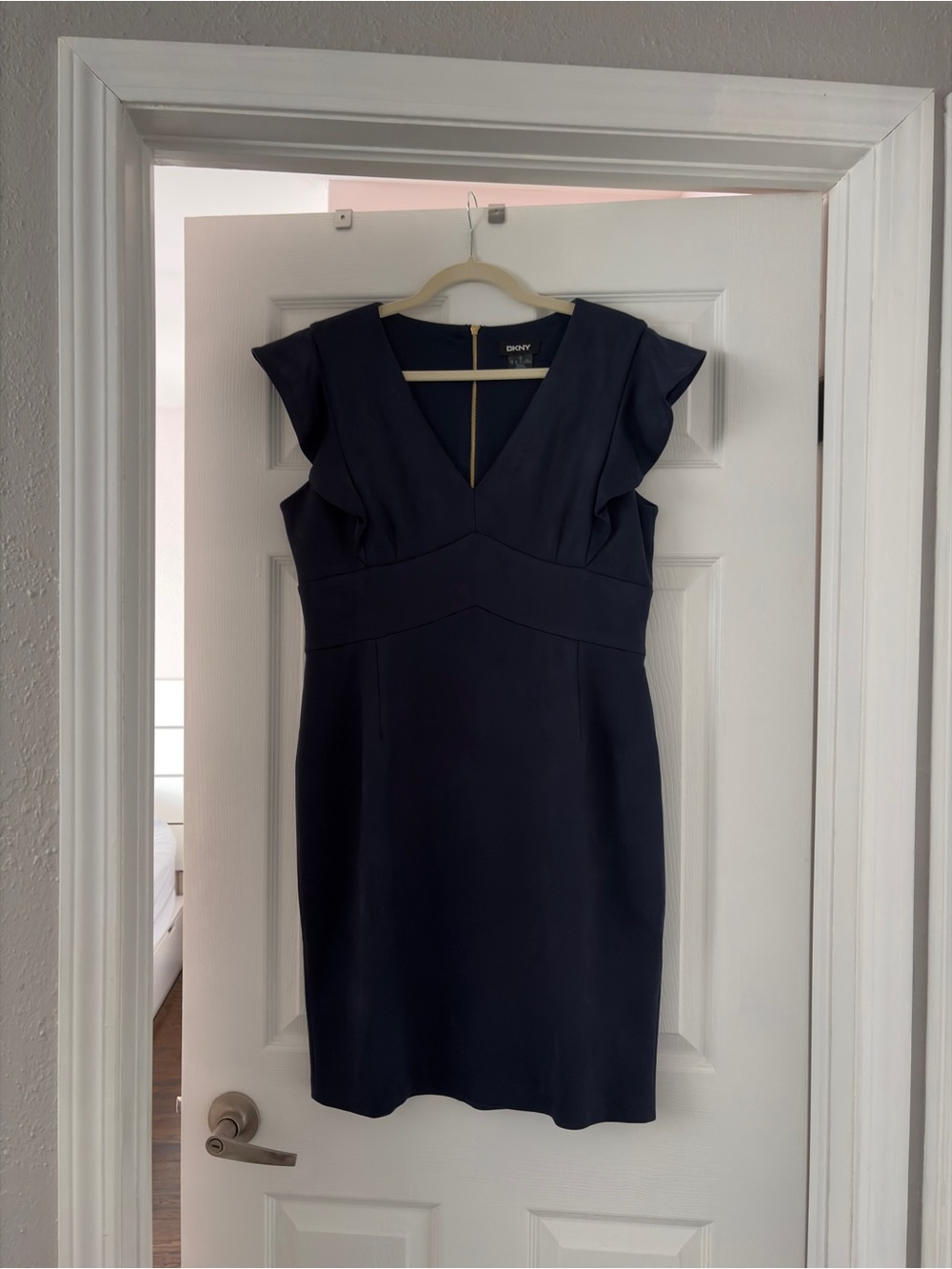 DKNY Navy V-Neck Sheath Dress with Ruffle Cap Sleeves